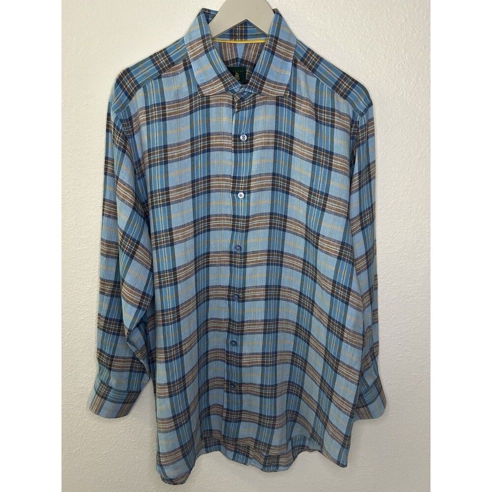 Robert Talbott Men’s‎ Linen Blue Plaid Long Sleeve Buttondown Size L